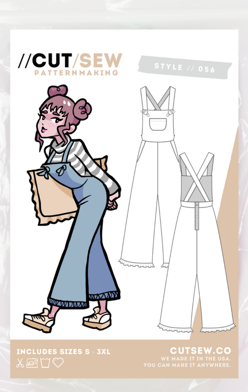 Packaging of a sewing pattern with illustrations on a pink background