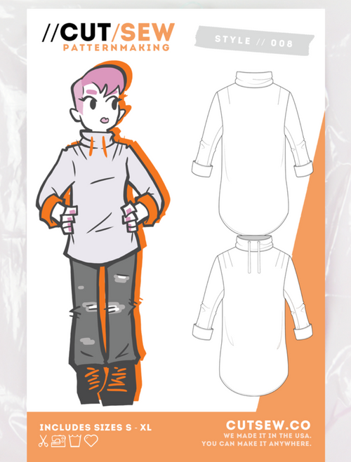 Sewing pattern packaging with a cartoon character on a pink background