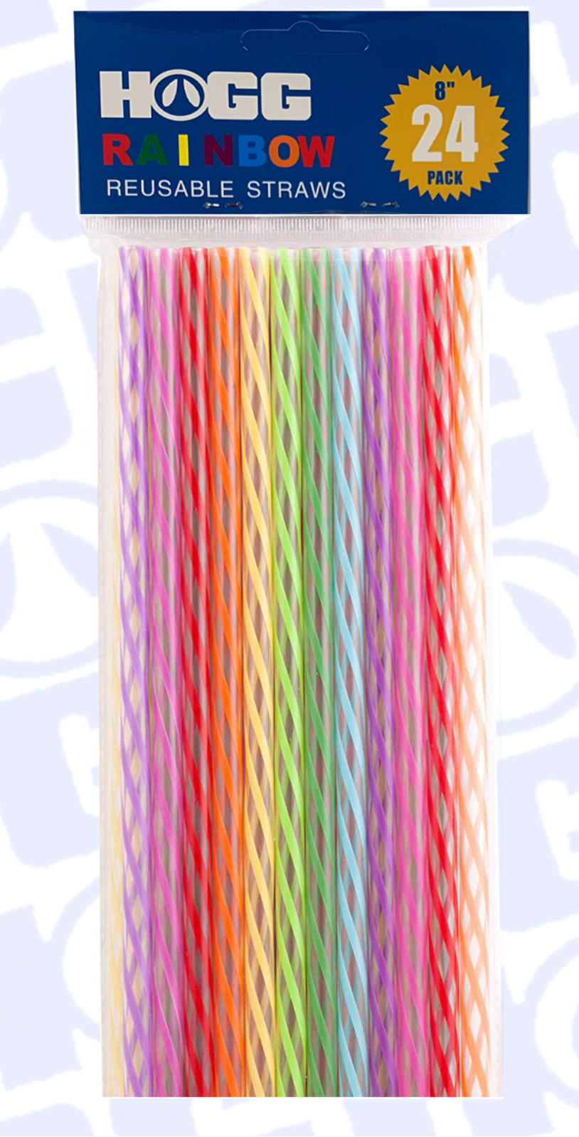 Pack of HOGG Rainbow reusable straws on a light blue background with 'HOGG' branding.