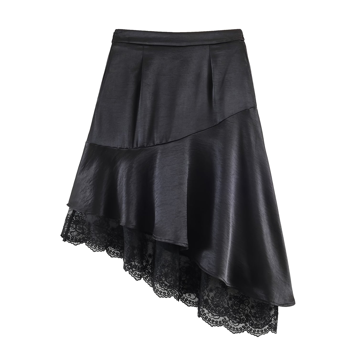 Fashionable Satin Lace Irregular Asymmetric Elegant Stitching Hem Skirt