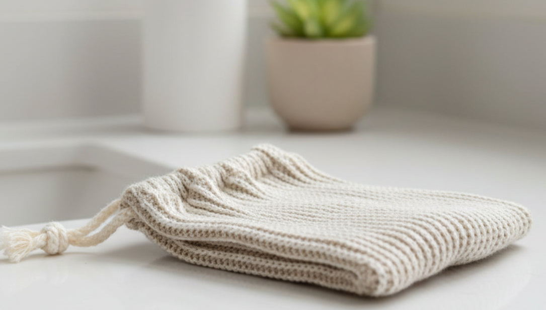 Textured drawstring pouch on a white background