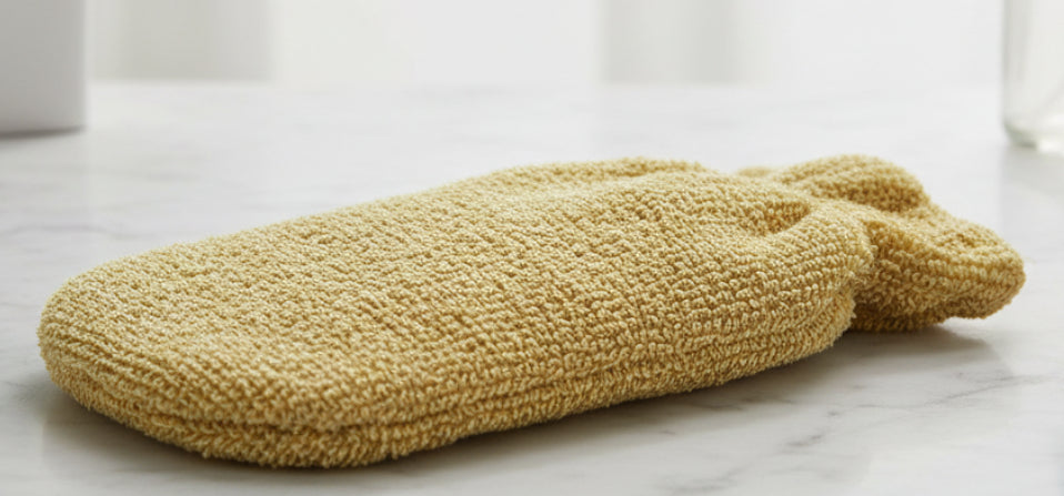 Gold exfoliating glove on a white background