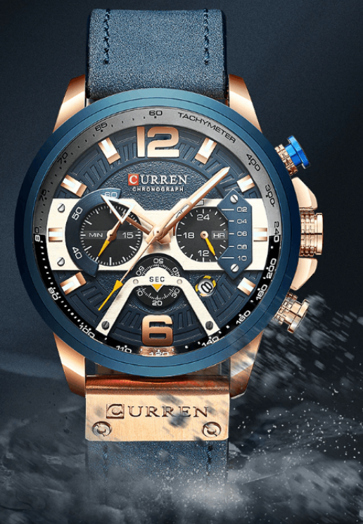 Luxury watch with blue and rose gold design on a dark background