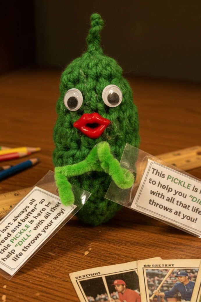 Green plush pickle toy with a tag on a pink background