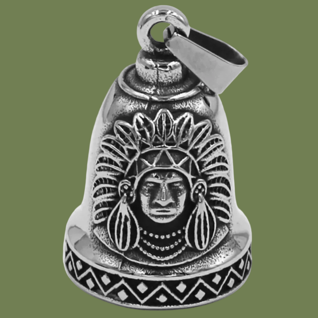 Silver bell-shaped pendant with an engraved face design on a white background