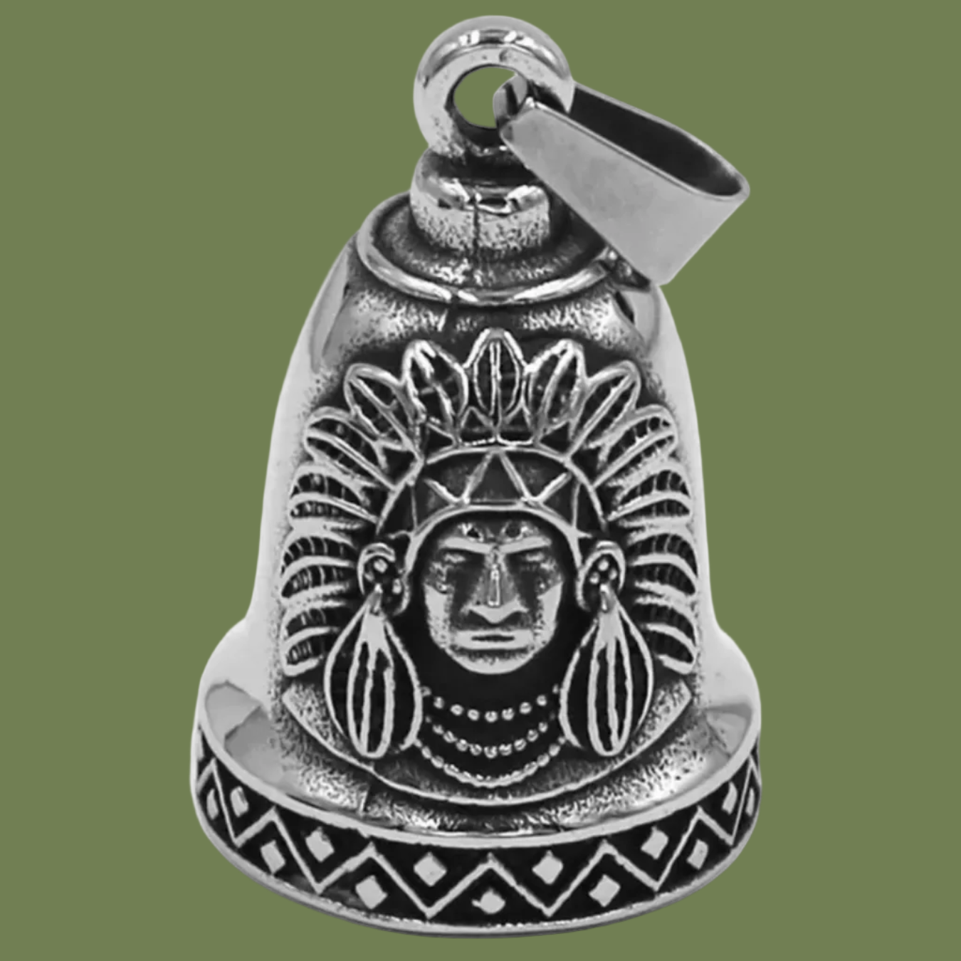 Silver bell-shaped pendant with an engraved face design on a white background