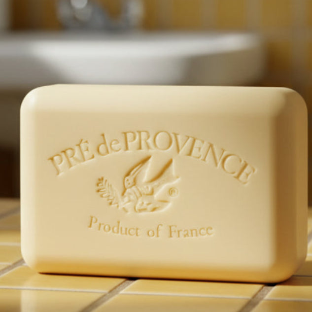 Bar of soap with 'Pre de Provence' branding on a white background