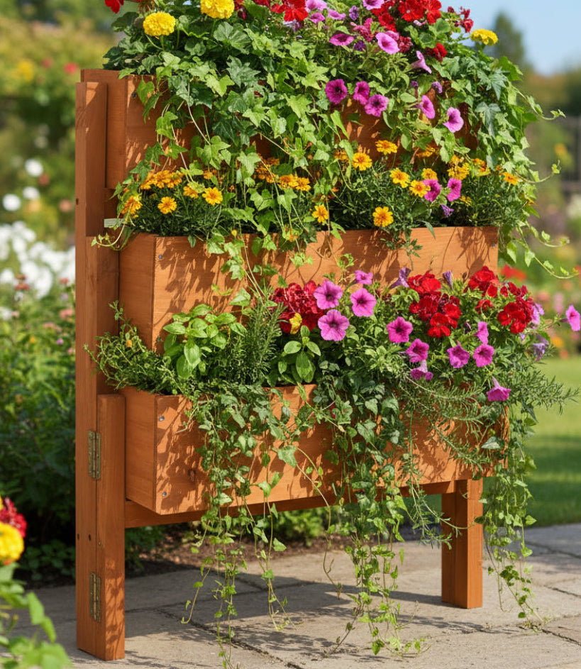 Wooden planter box with three tiers on a white background