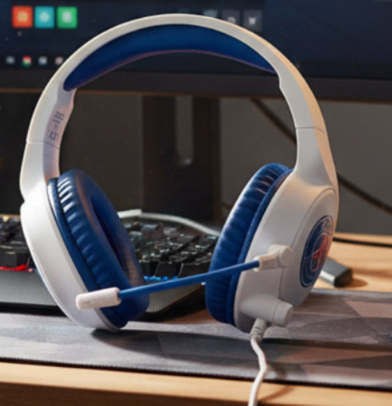 White and blue gaming headset with a logo on a white background