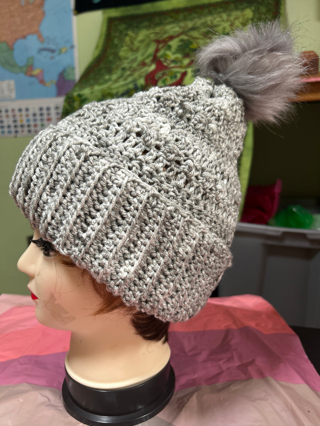 Handmade Crocheted Beanie/Hat with Pompom in Shades of Grey