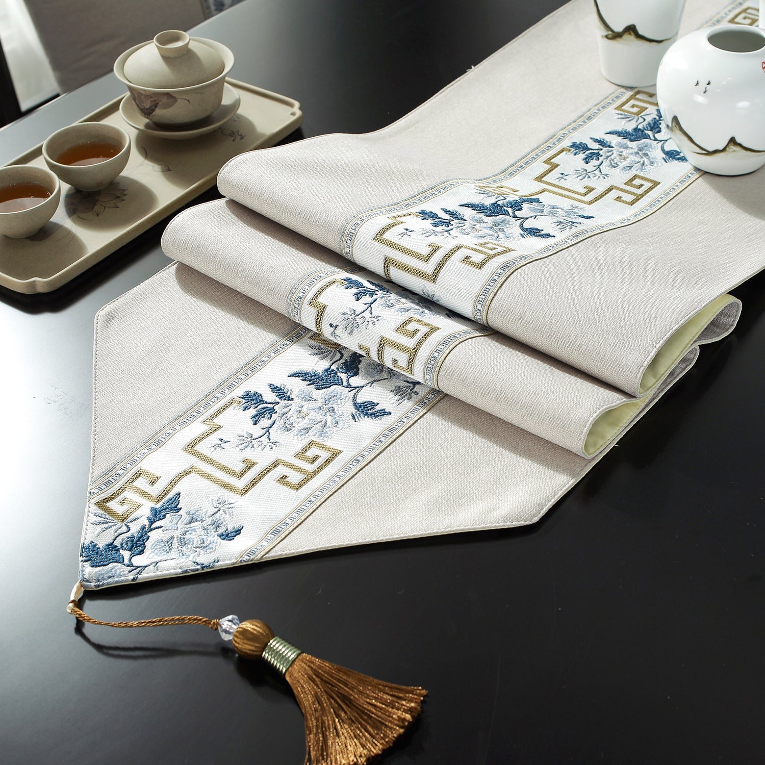 Chinese Table Runner with Floral and Zen Pattern