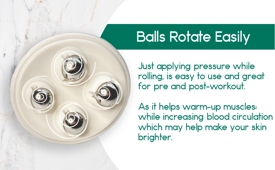 Round white device with four metallic balls on a light background, featuring text about its use.