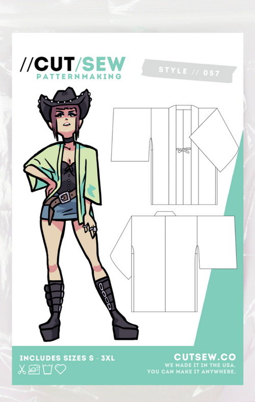 Cut/Sew pattern packaging with character illustration on a pink background