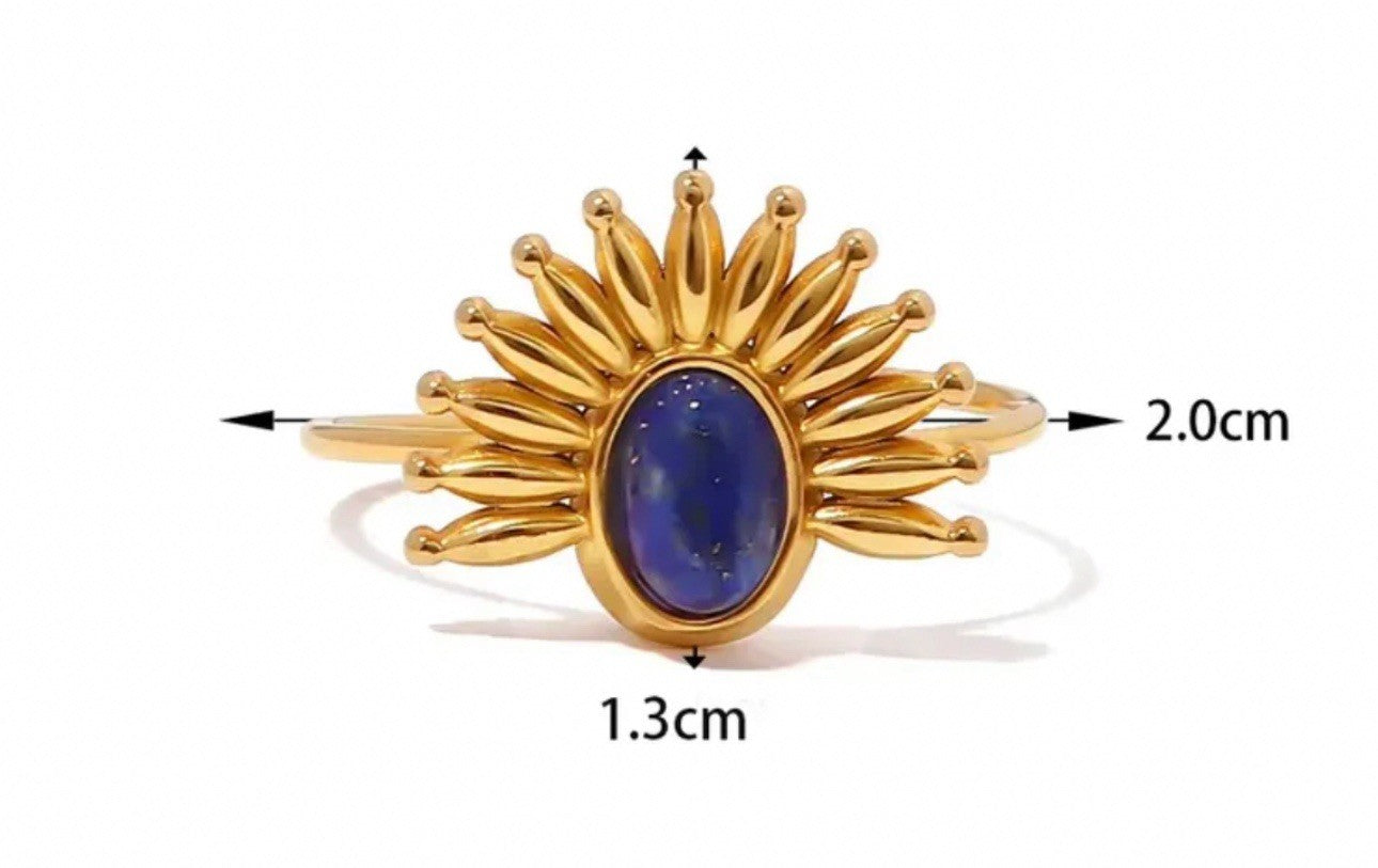 Gold Stainless Steel Semi Precious Lapis Lazuli Sunburst Adjustable Ring