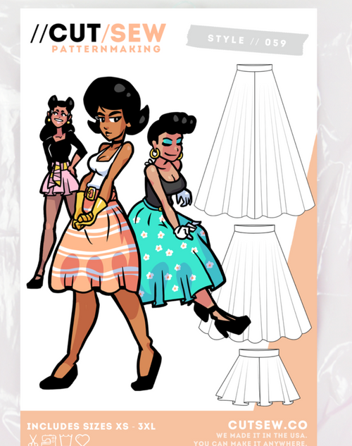 Packaging of CUT SEW patterns with illustrations of women and dresses on a pink background