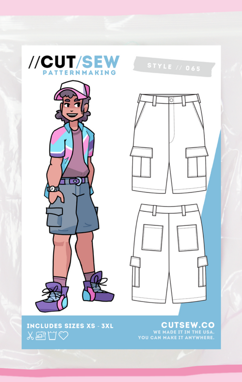 Cut & Sew pattern packaging with a person wearing shorts and a jacket on a pink background