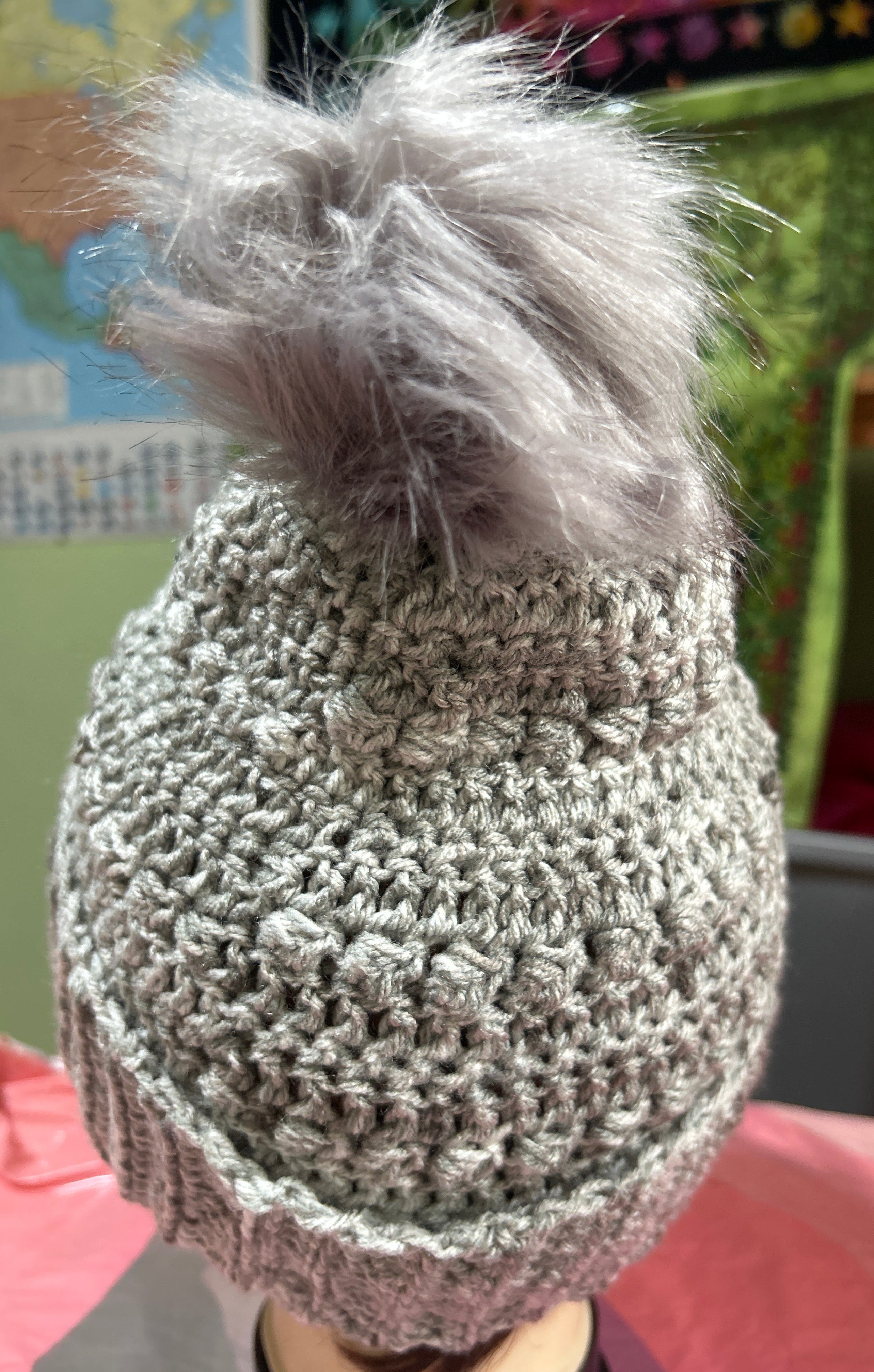 Handmade Crocheted Beanie/Hat with Pompom in Shades of Grey