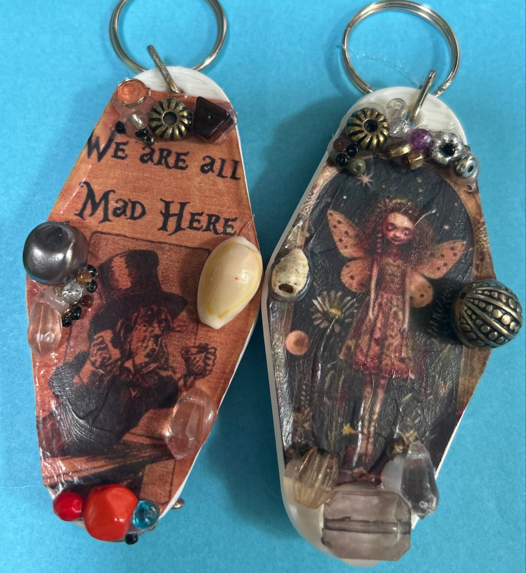 A pair of retro motel key rings.