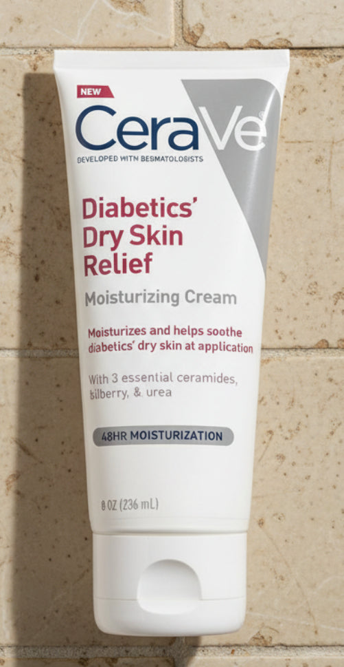 CeraVe Diabetics' Dry Skin Relief moisturizing cream packaging on a white background