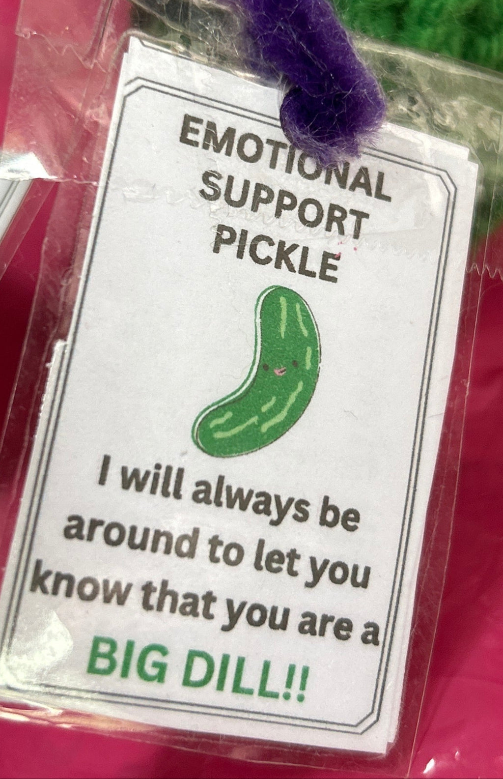 Green knitted pickle with googly eyes and a red nose on a pink background