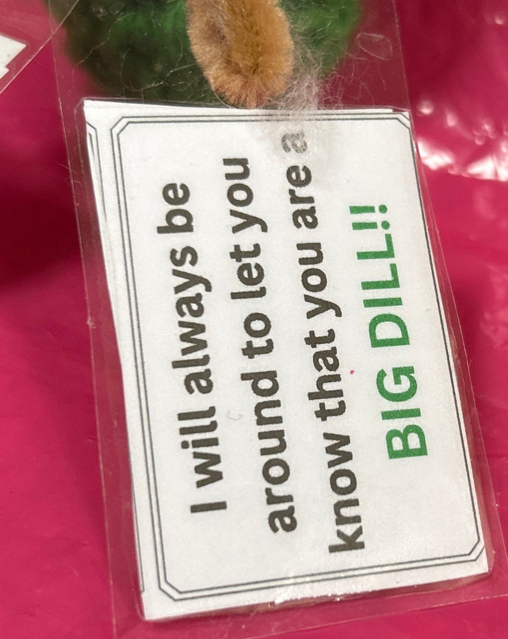 Green plush toy with a red tongue and text tag on a pink background