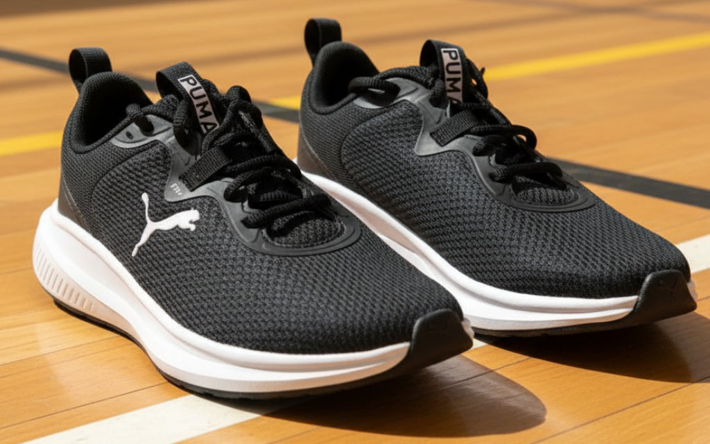 Black Puma sneakers with white soles on a white background