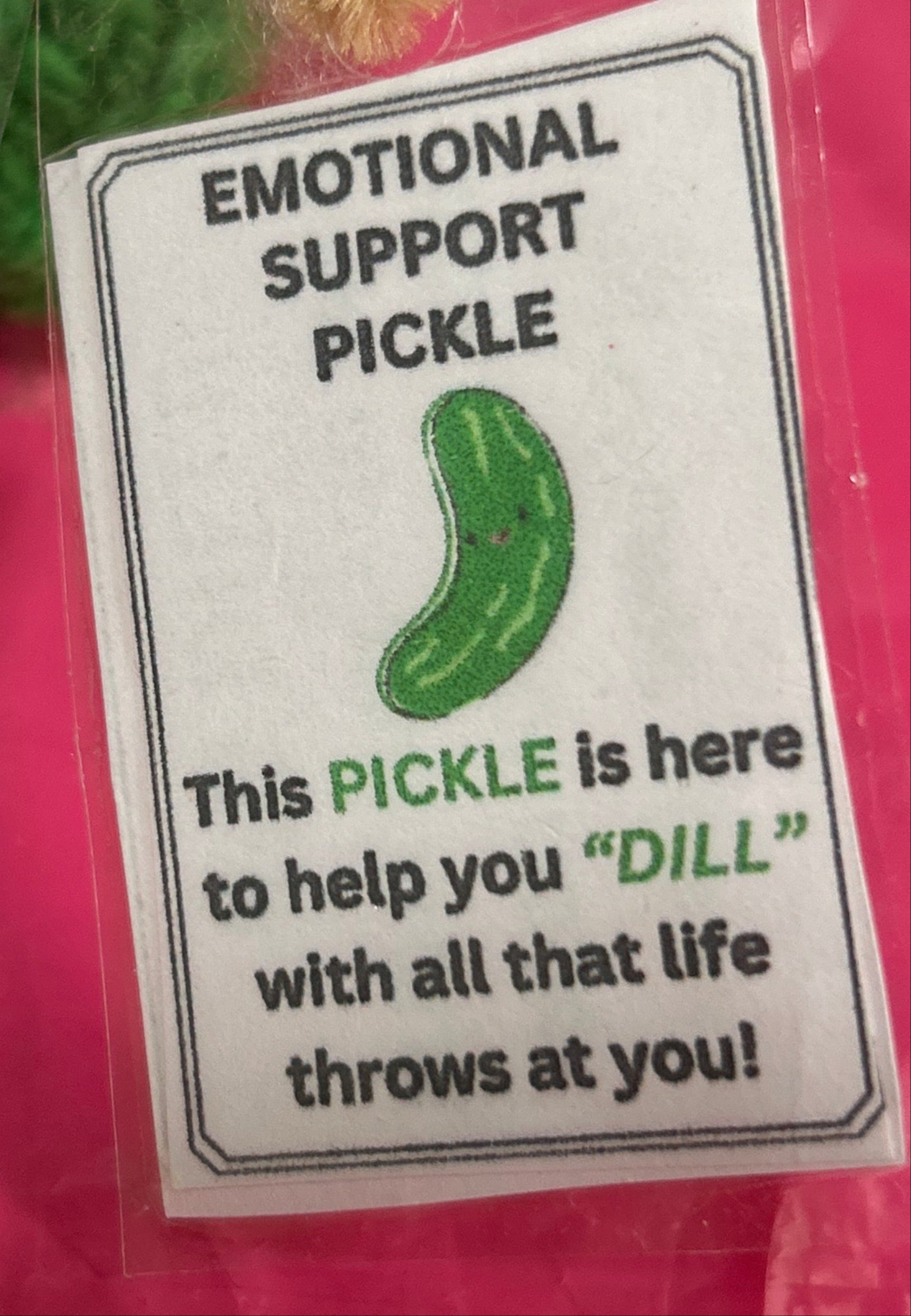 Emotional support pickle with humorous text on a pink background