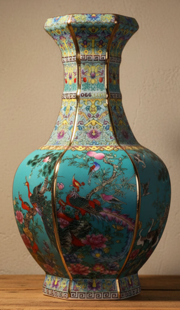 Decorative vase with floral and bird patterns on a dark background