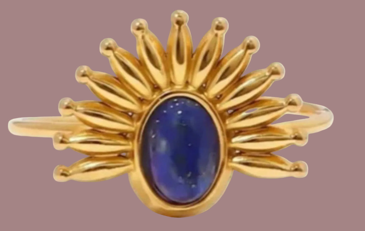 Gold Stainless Steel Semi Precious Lapis Lazuli Sunburst Adjustable Ring