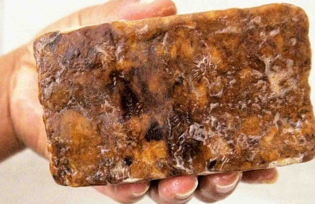 Hand holding a large, rough-textured brown bar of soap against a neutral background