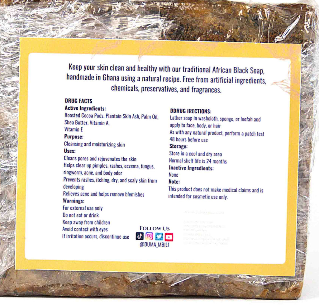 Packaged African Black Soap with label on a white background