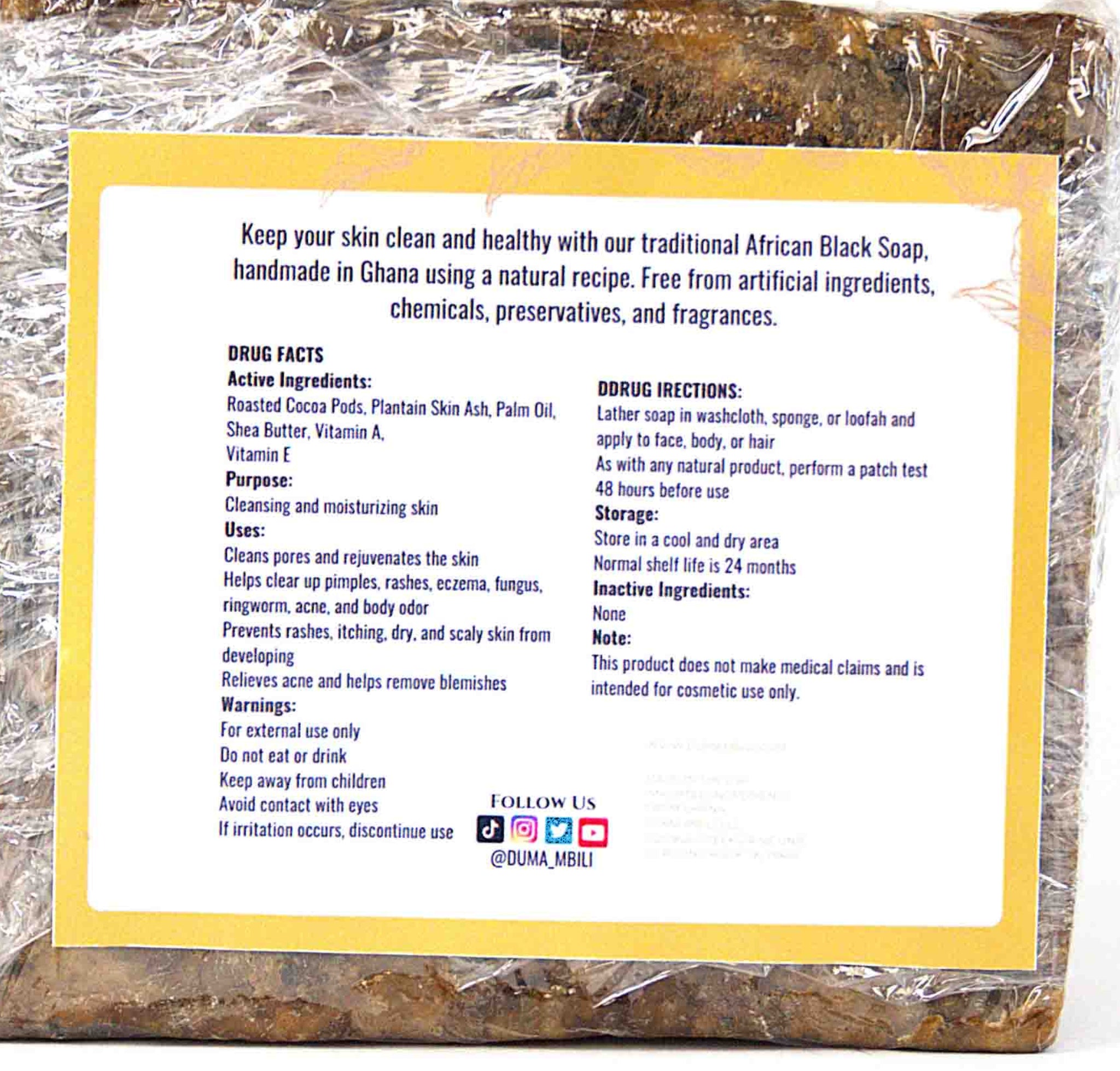 Packaged African Black Soap with label on a white background