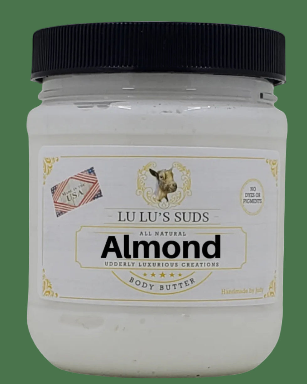 Jar of Lu Lu's Suds Almond body butter on a white background