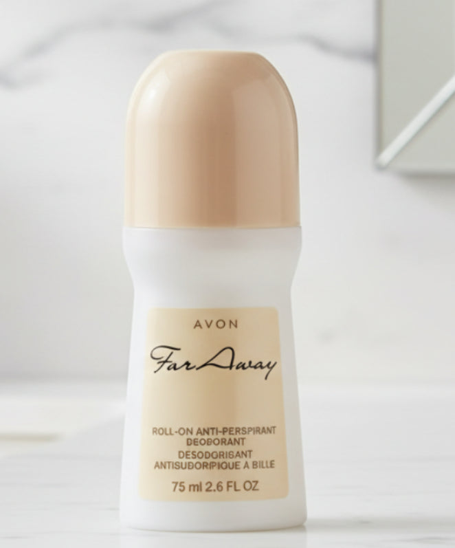 Avon Far Away roll-on deodorant on a white background