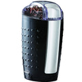 Black and silver coffee grinder with a clear top on a white background