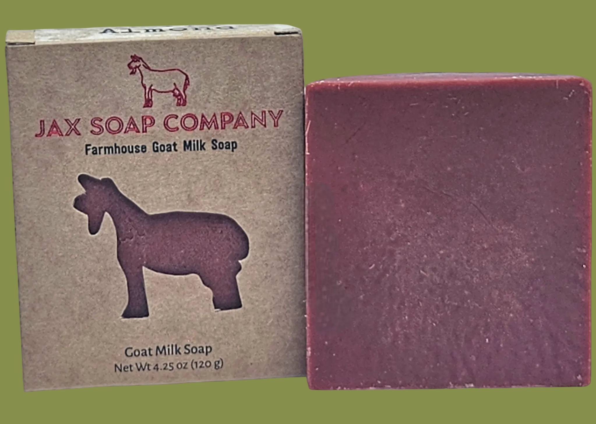 Bar of soap from Jax Soap Company next to its packaging on a white background
