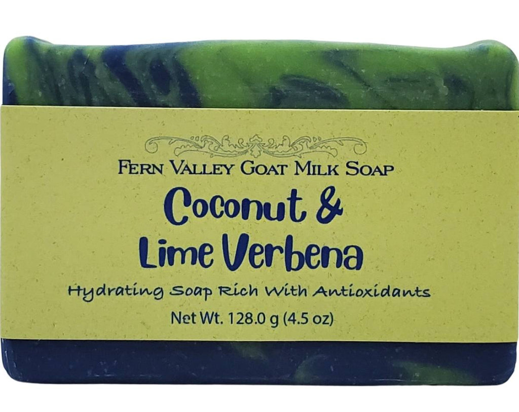 Bar of soap with a green and blue design and 'Fern Valley Goat Milk Soap' label on a white background.