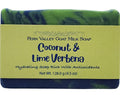 Bar of soap with a green and blue design and 'Fern Valley Goat Milk Soap' label on a white background.