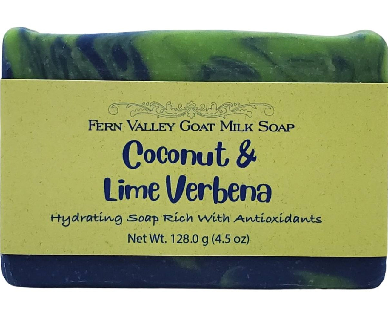 Bar of soap with a green and blue design and 'Fern Valley Goat Milk Soap' label on a white background.