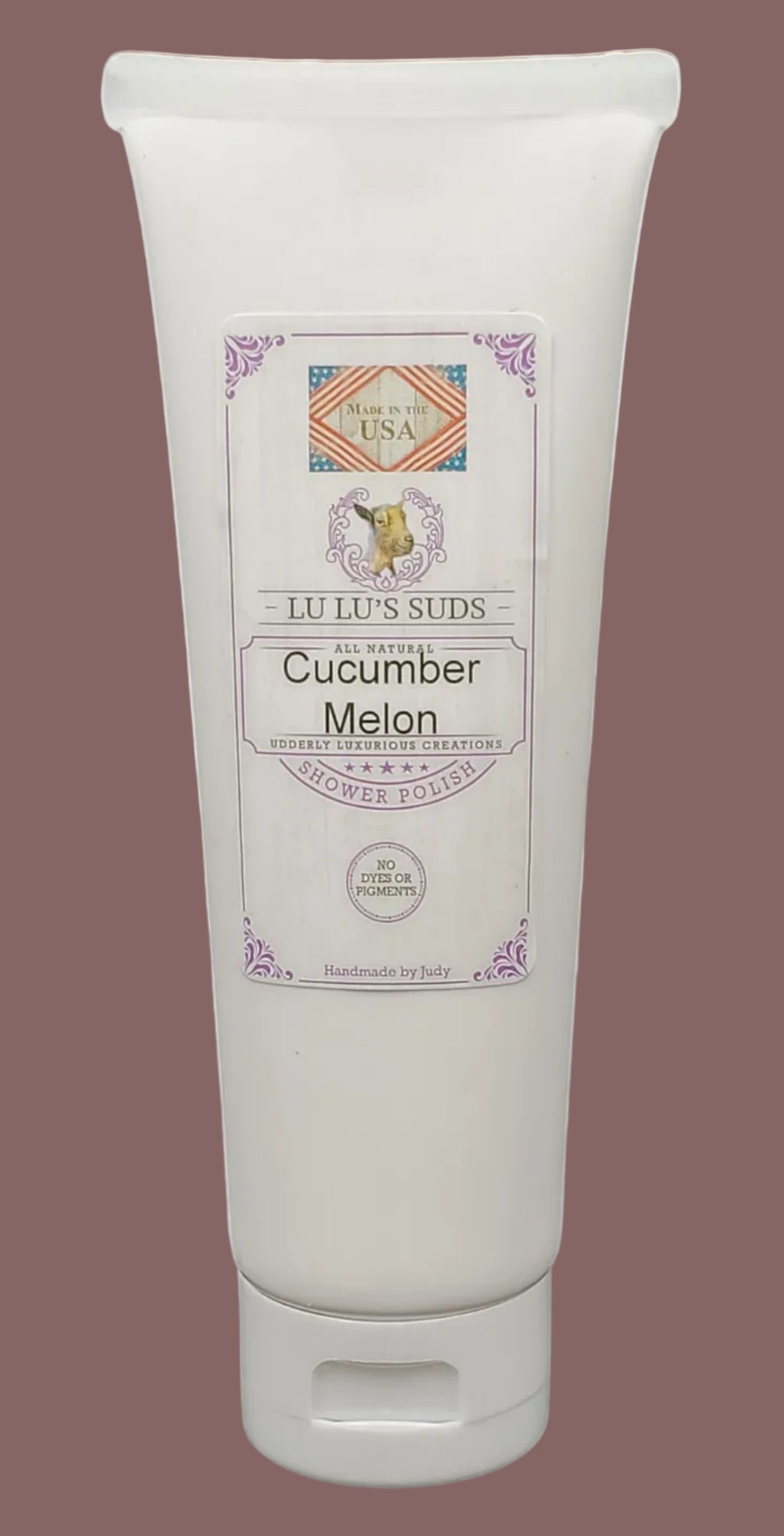 Tube of Lulu's Suds Cucumber Melon body wash on a white background