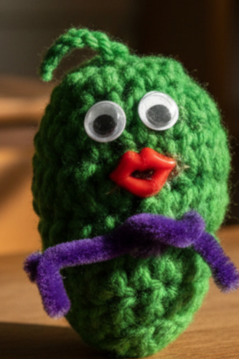 Green knitted dill pickle toy with a tag on a pink background