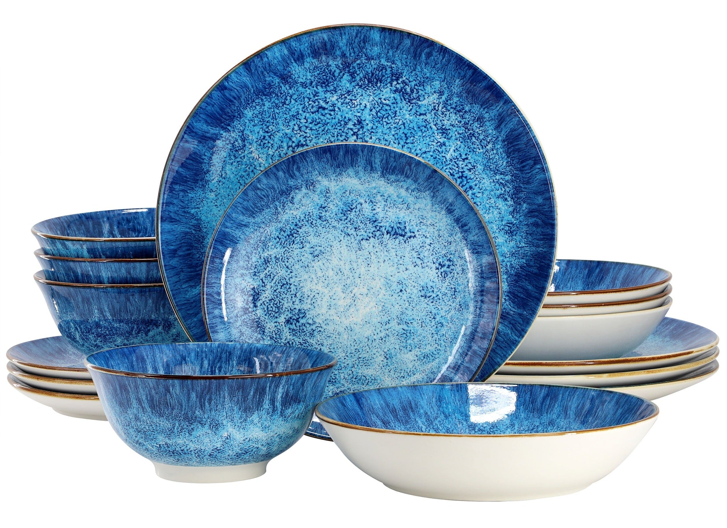 Elama Oceanus 16 Piece Porcelain Double Bowl Dinnerware Set in Blue