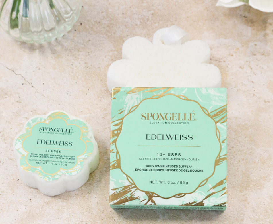 Spongelle EDELWEISS product packaging on a textured surface with flowers.