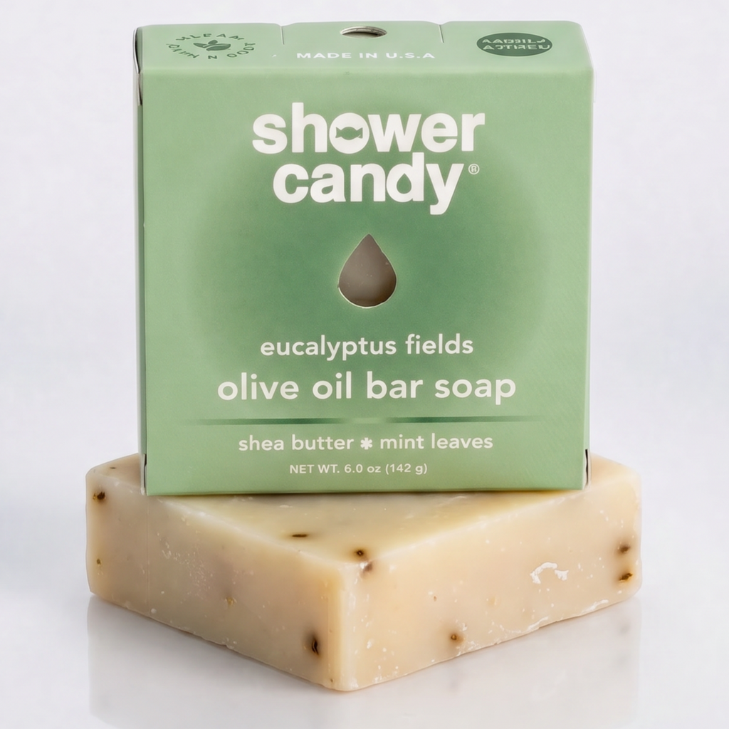 Shower candy olive oil bar soap with packaging on a white background