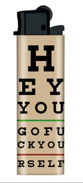 Lighter with printed text on a white background