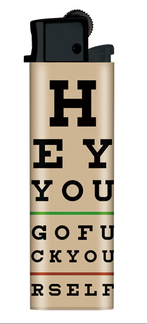 Lighter with printed text on a white background