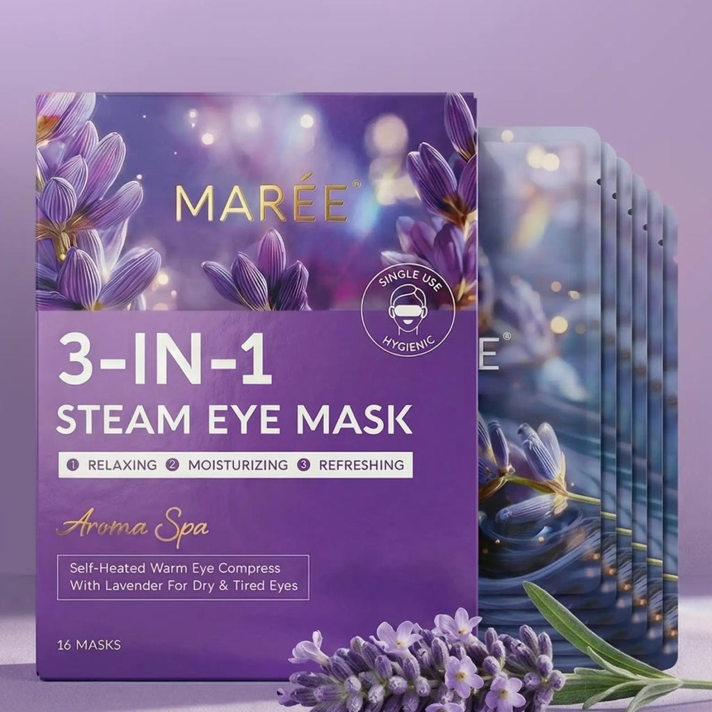 Maree 3-in-1 steam eye mask packaging with lavender flowers on a purple background