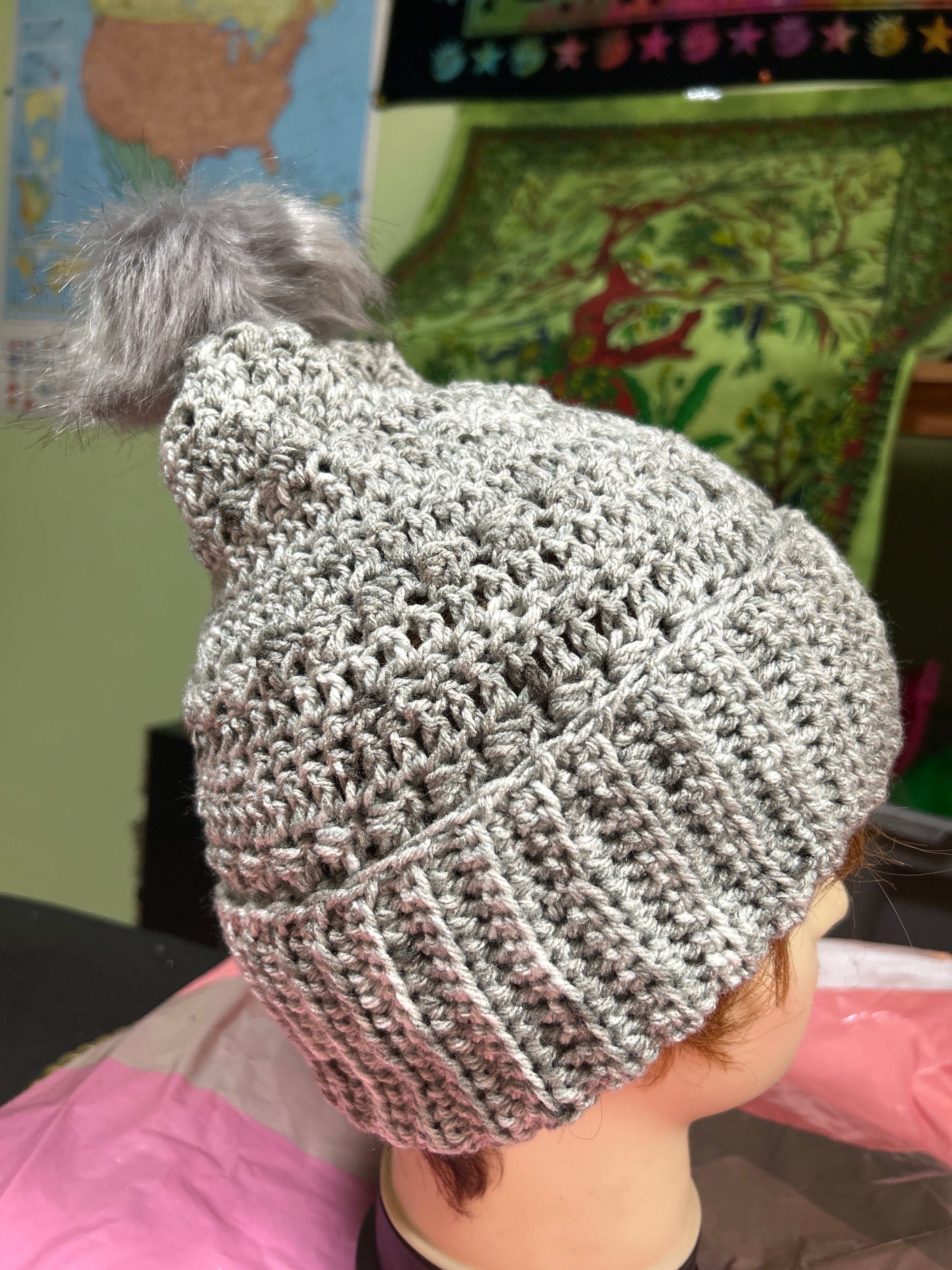 Handmade Crocheted Beanie/Hat with Pompom in Shades of Grey