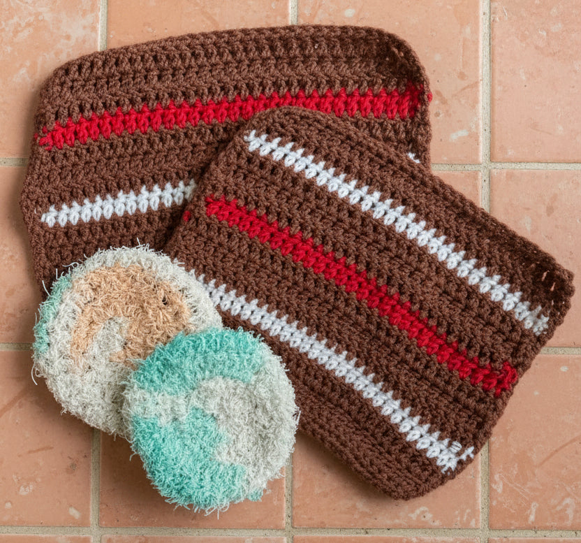 Crocheted dessert pattern on a textured surface