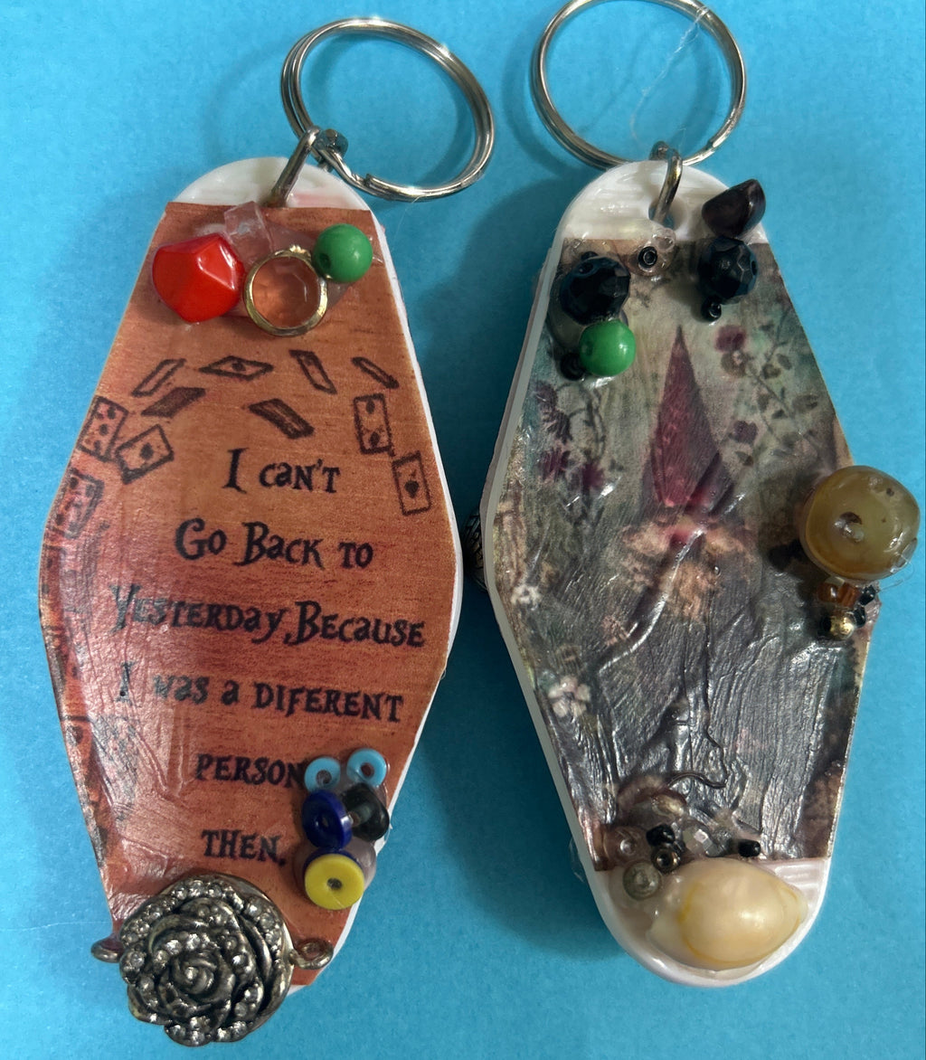 A pair of retro motel key rings.